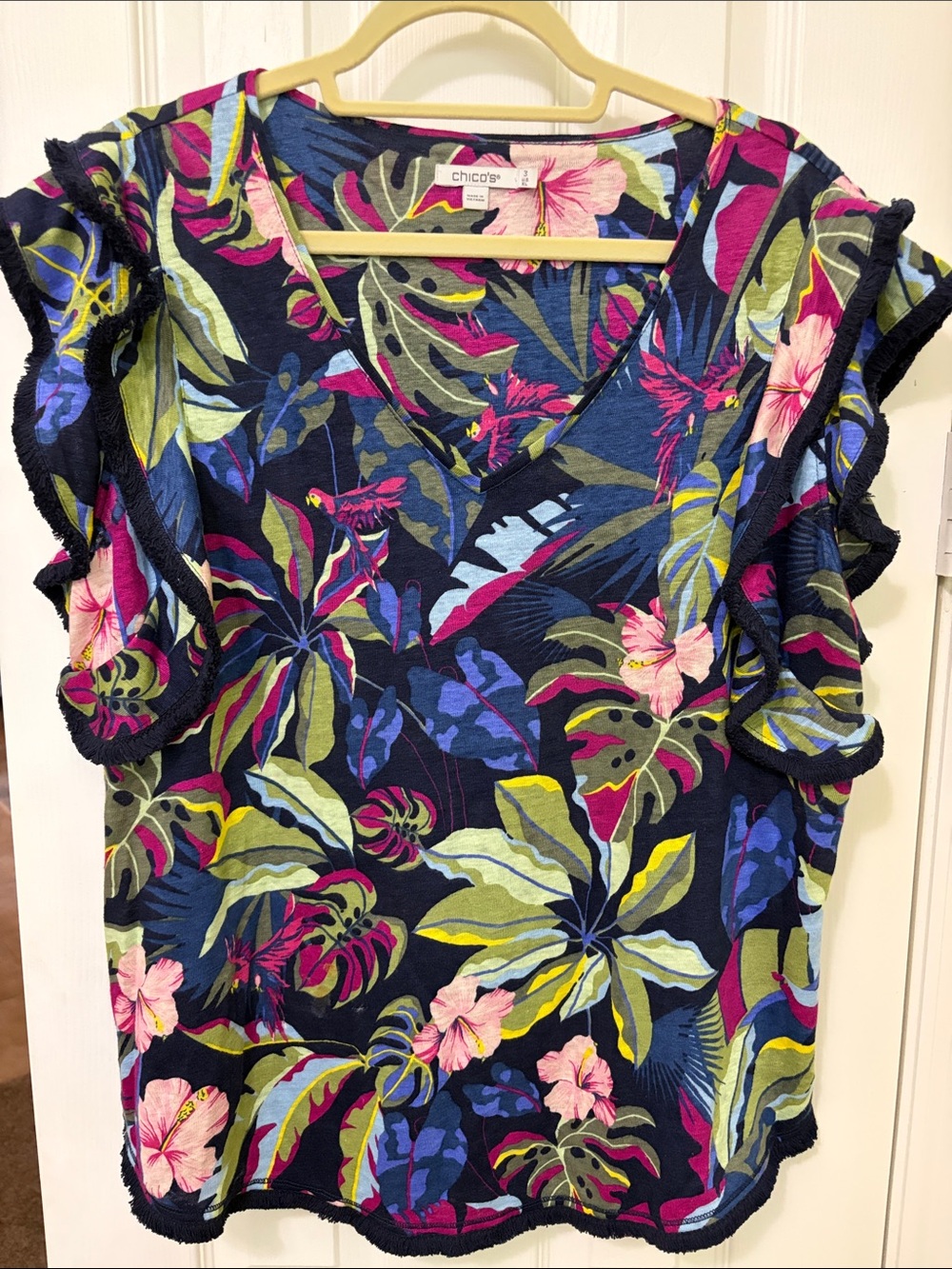 Chico's Navy Floral V-Neck Ruffle Sleeve Top